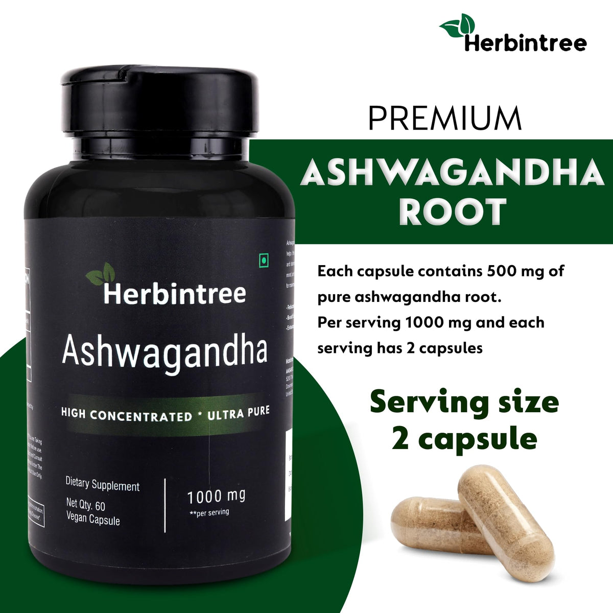Ashwagandha 1000mg Vegan Non-GMO 60 Veg Capsules T96495