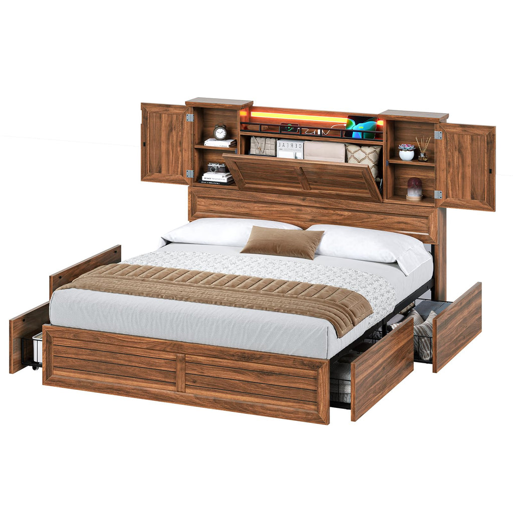 Queen Size Wooden Platform Bed Frame with Headboard Storage Drawers B86340