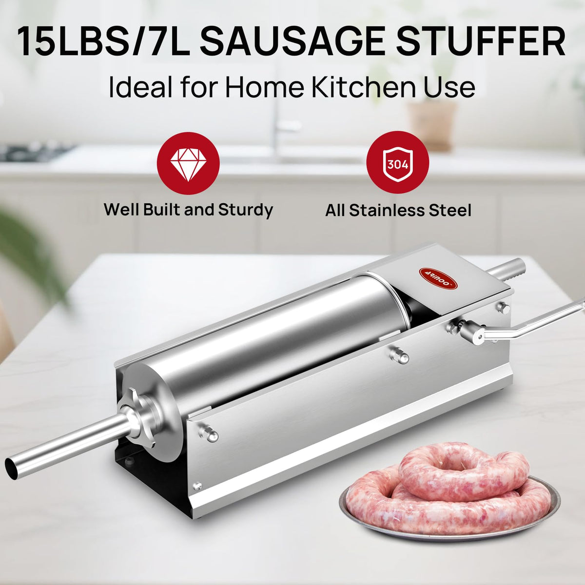 Manual Stainless Steel Sausage Stuffer with 4 Stuffing Tubes I22019