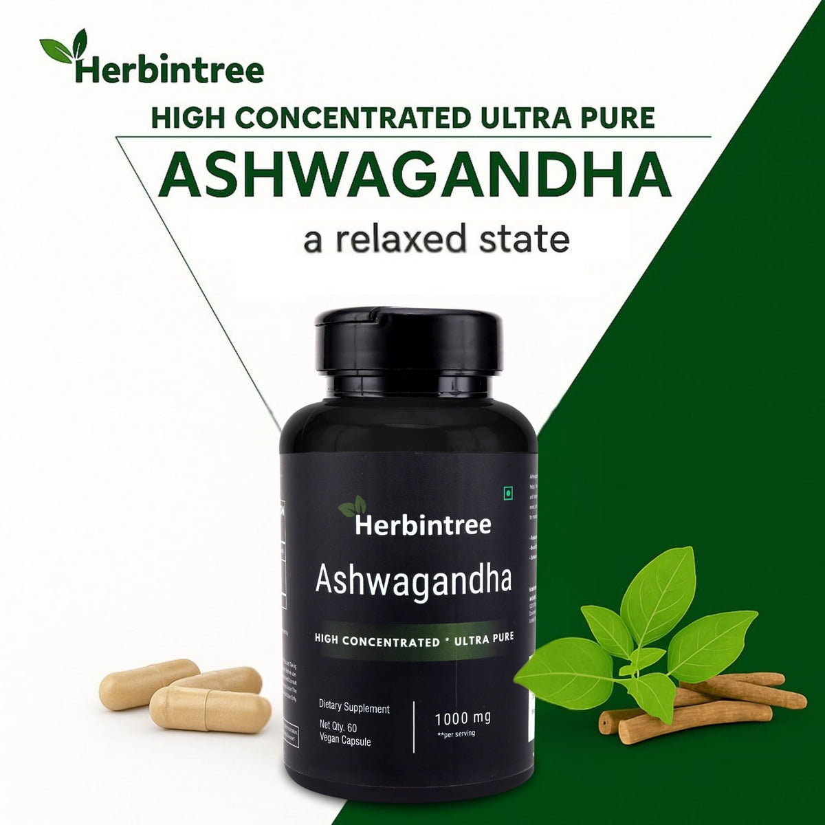 Ashwagandha 1000mg Vegan Non-GMO 60 Veg Capsules T96495