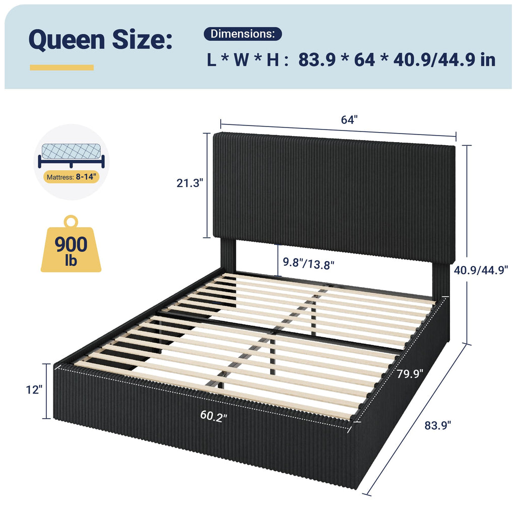 Queen Bed Frame with Adjustable Corduroy Headboard K723234