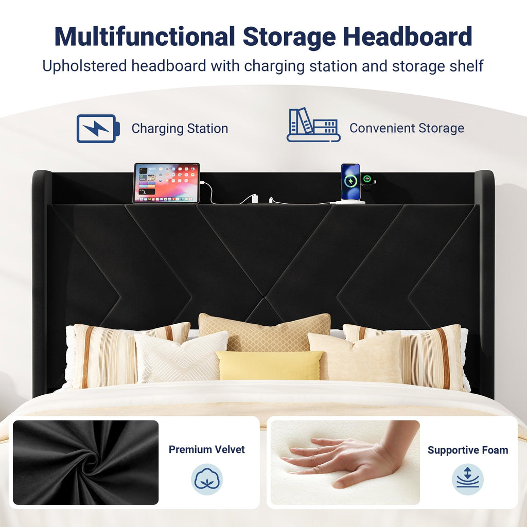 Queen Size Black Velvet Bed Frame with Charging and Shelf F1057