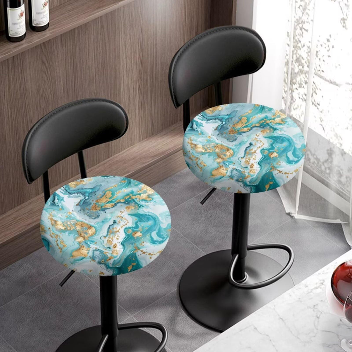 Teal Gold Marble 2 Pack Round Bar Stool Seat Cover R609876