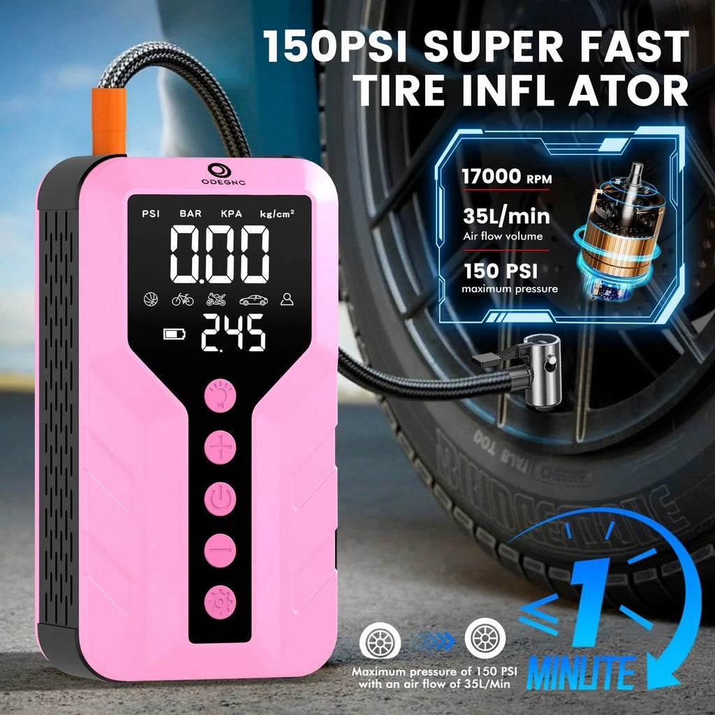 Deep Pink Lithium Ion 6000 Amps Peak Jump Starter with Air Compressor O63444