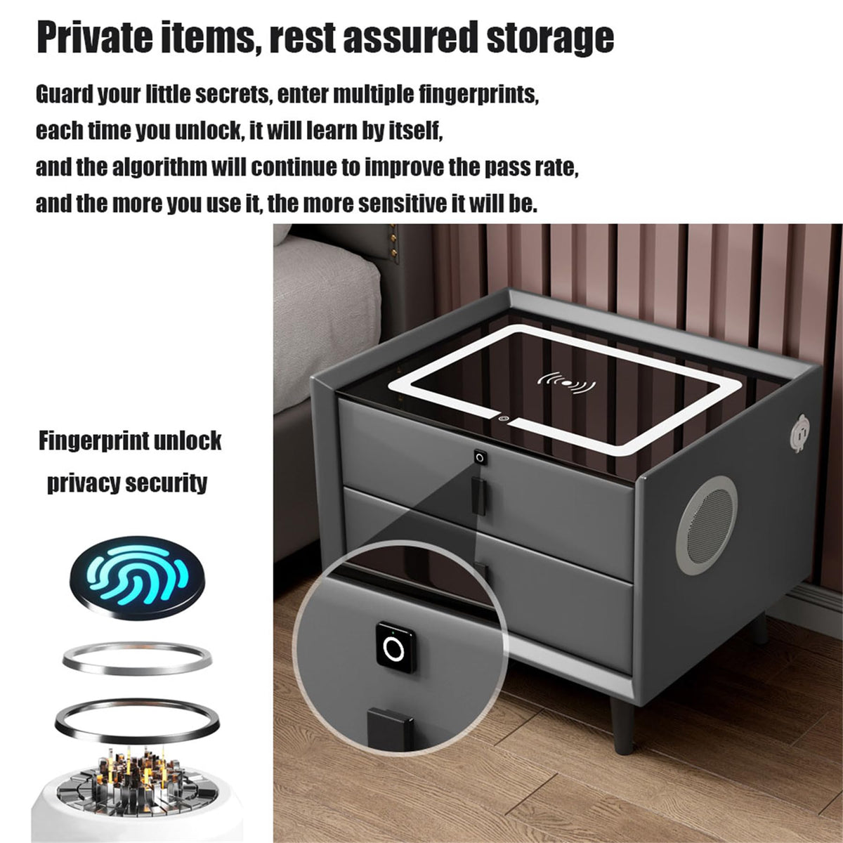 Smart Bedroom Nightstand with Fingerprint Lock and LED Lights K88456