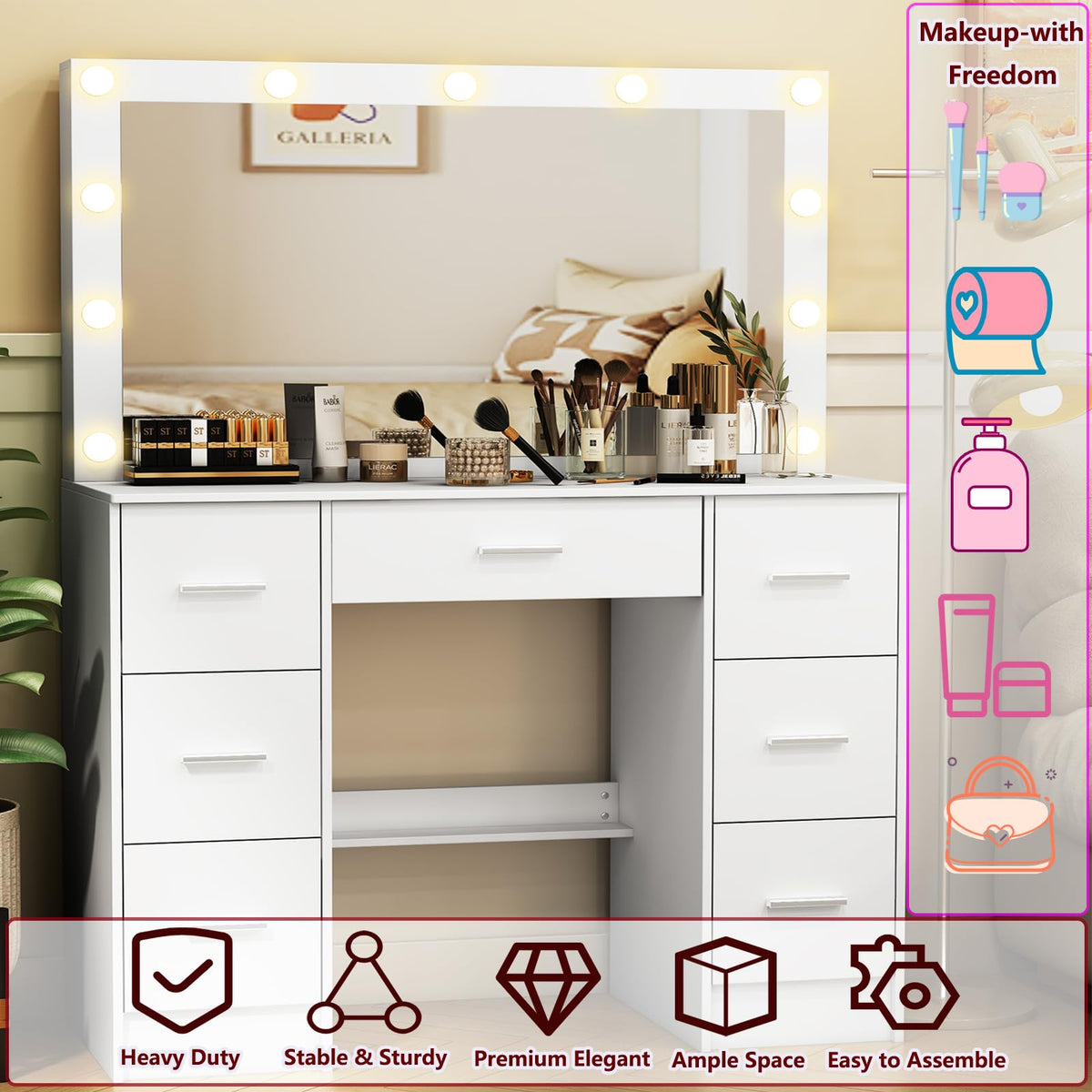 White 7 Drawer Vanity with Lights and Mirror V30819