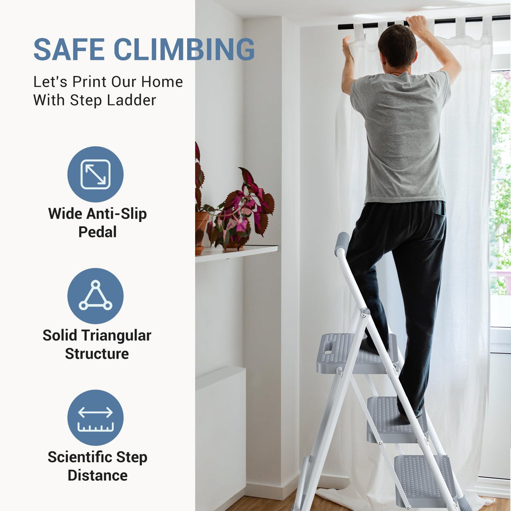 3 Step Ladder with Anti-Slip Pedal and Handrail, 800lbs, Grey I349938