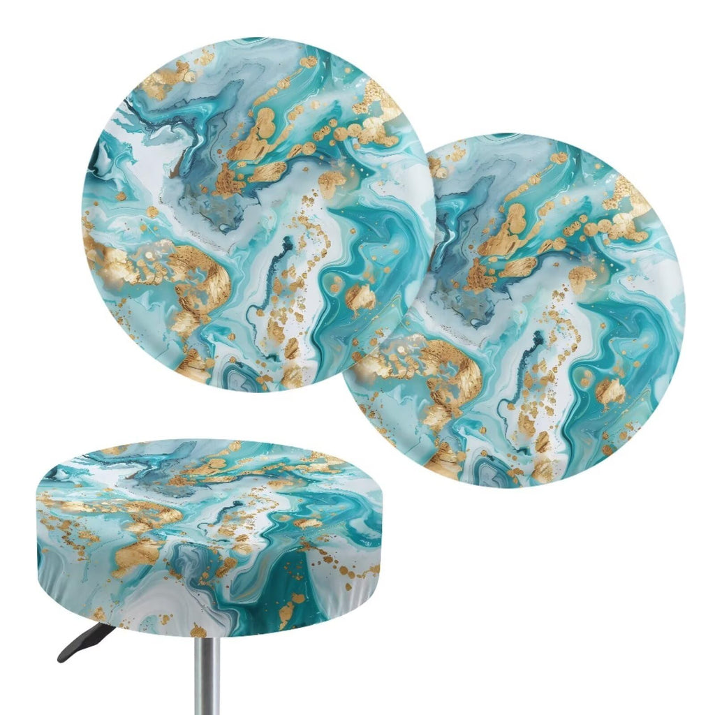 Teal Gold Marble 2 Pack Round Bar Stool Seat Cover R609876