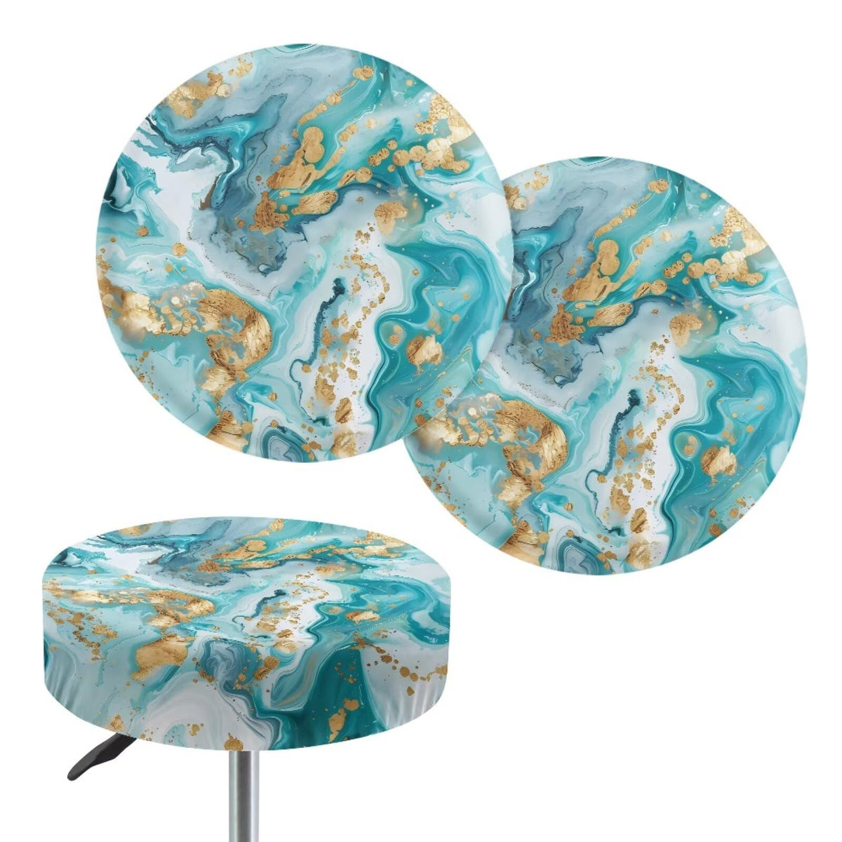 Teal Gold Marble 2 Pack Round Bar Stool Seat Cover R609876
