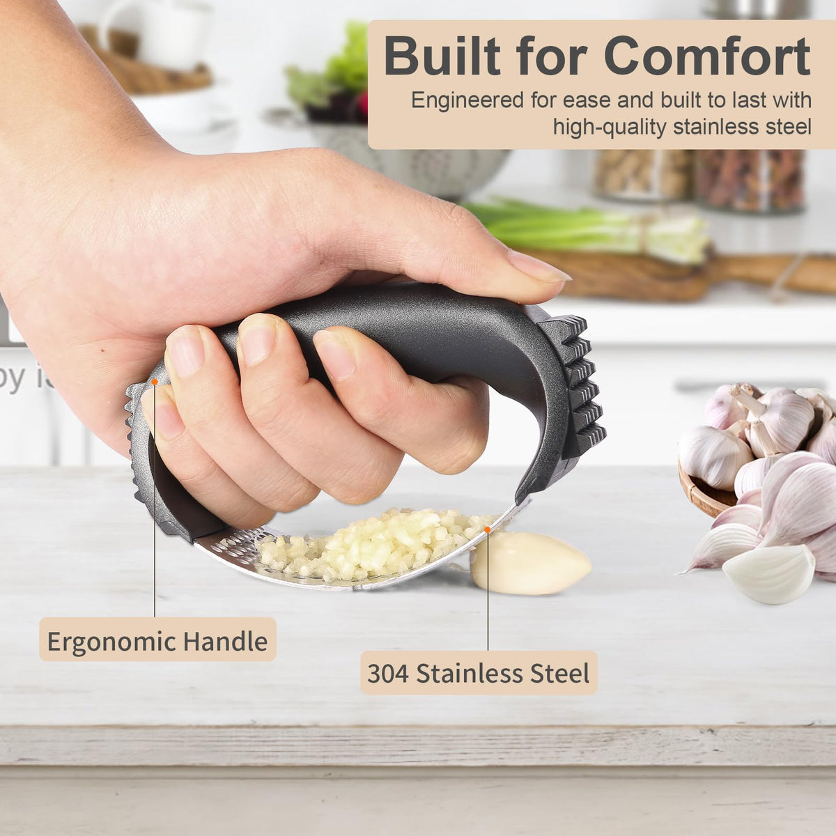 Stainless Steel Garlic Press Rocker with Peeler and Cleaning Brush X158689
