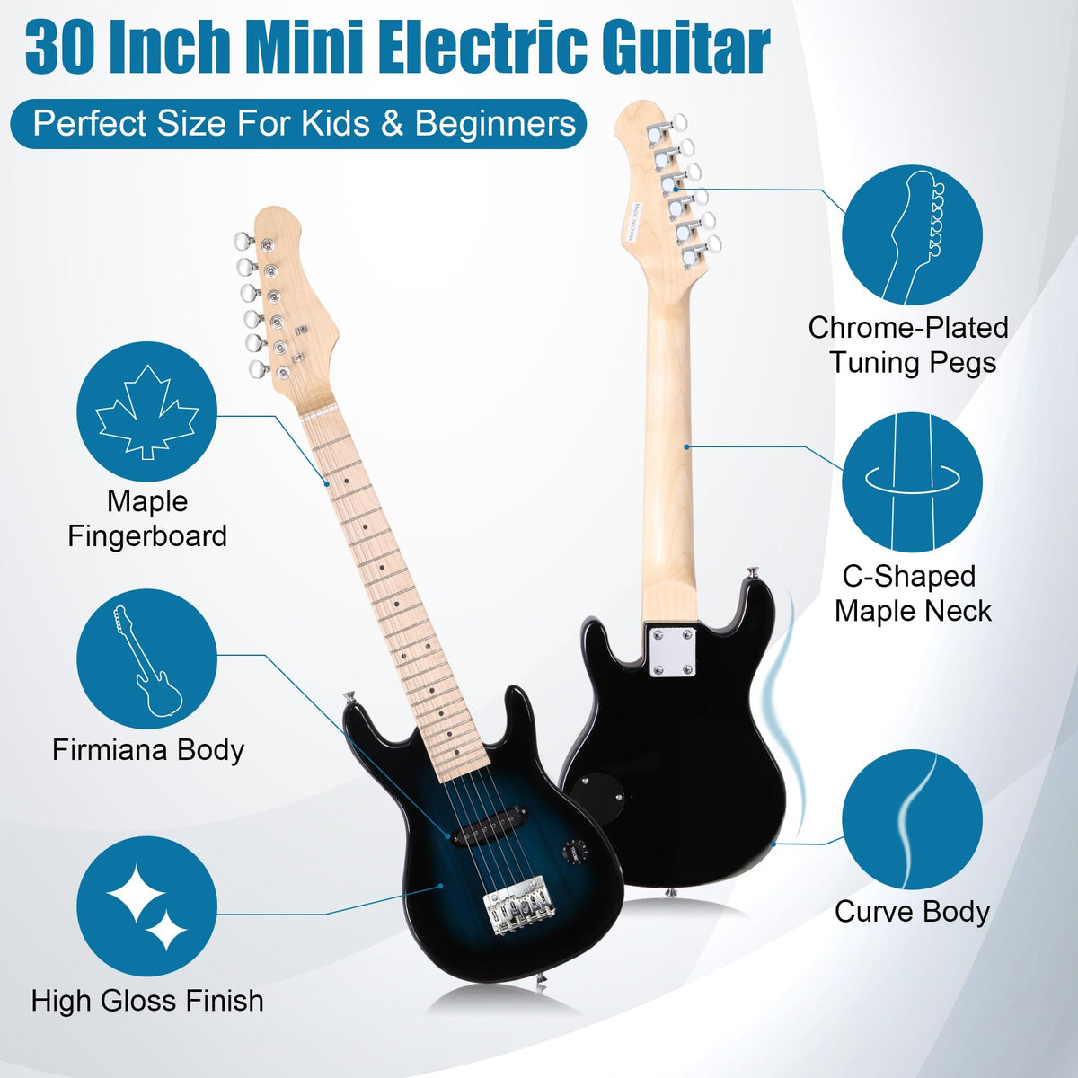 30" Blue Electric Guitar Beginner Kit with Amp and Bag A8365