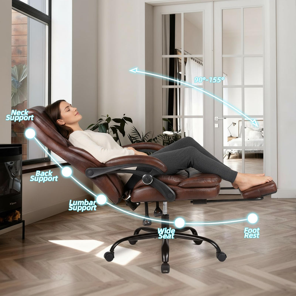 Big and Tall Brown PU Leather Reclining Office Chair with Foot Rest B770296