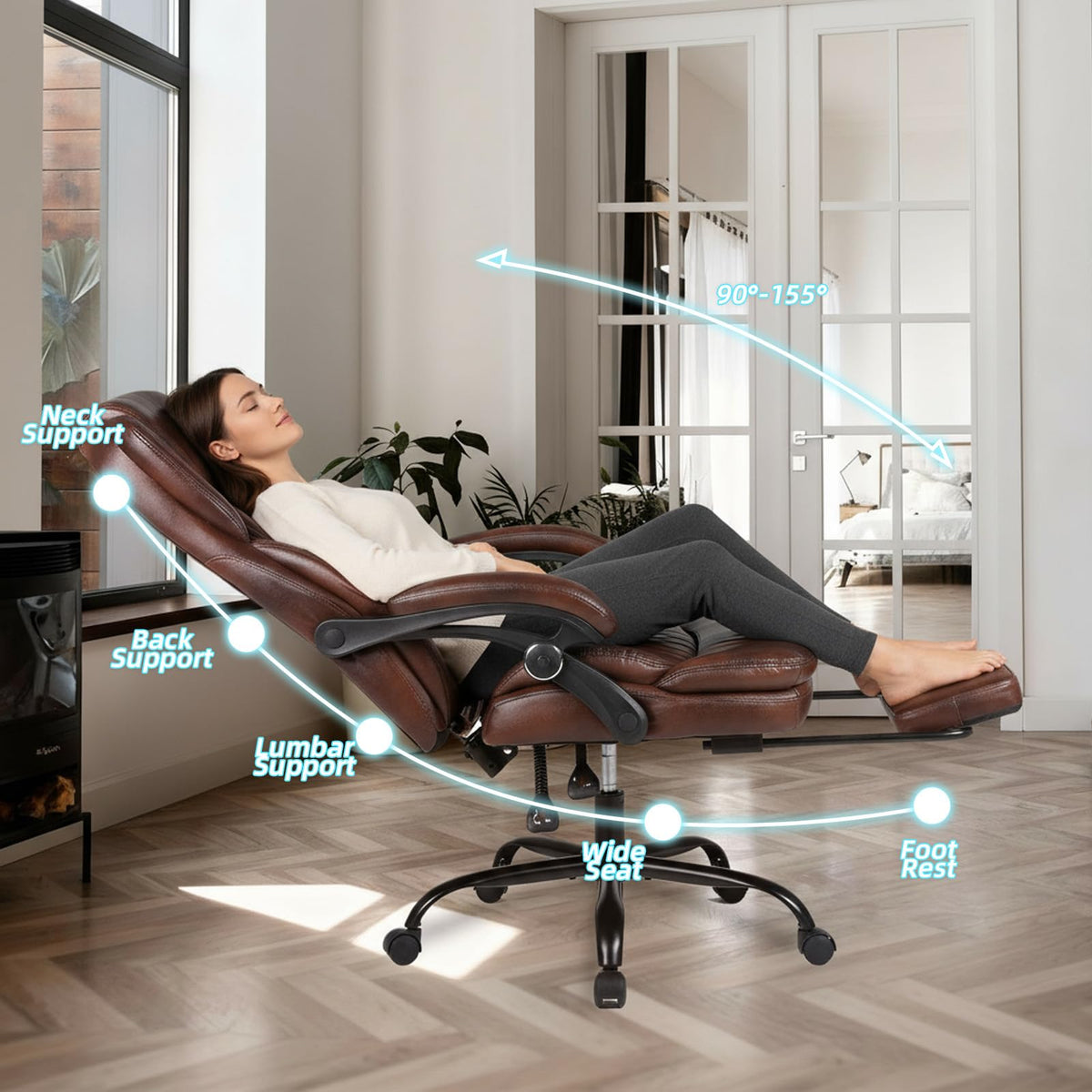 Big and Tall Brown PU Leather Reclining Office Chair with Foot Rest B770296