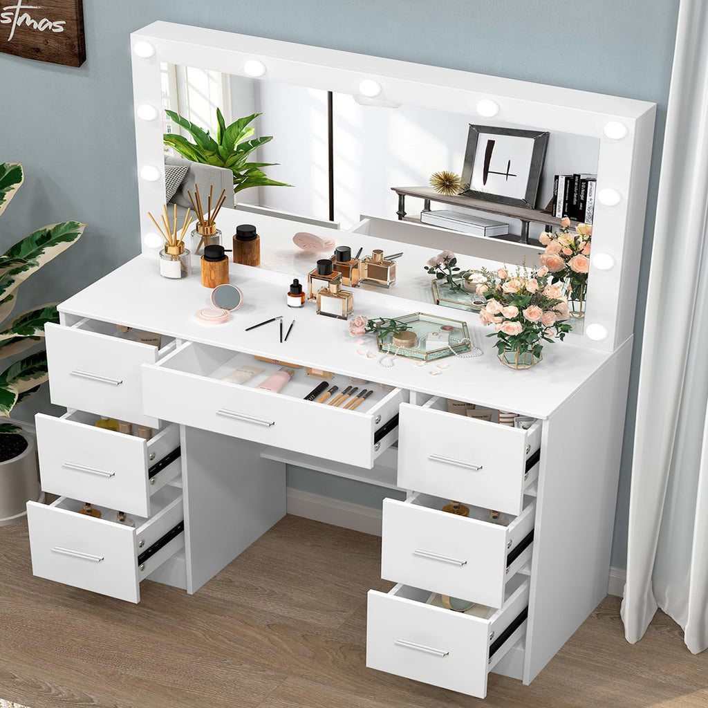 White 7 Drawer Vanity with Lights and Mirror V30819