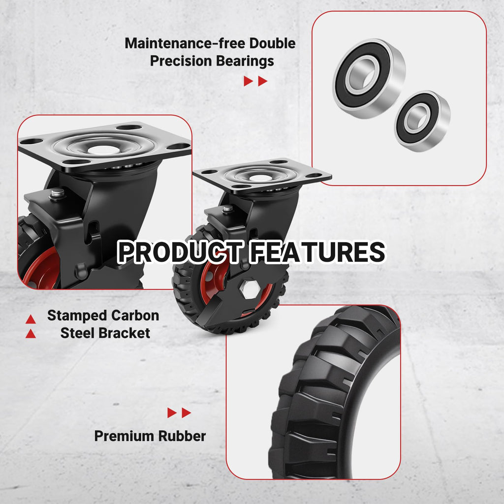 5 Inch Heavy Duty Rubber Casters Set of 4 with Brake G428860