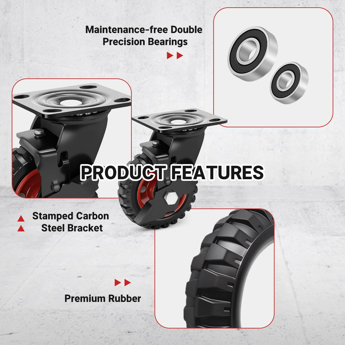 5 Inch Heavy Duty Rubber Casters Set of 4 with Brake G428860