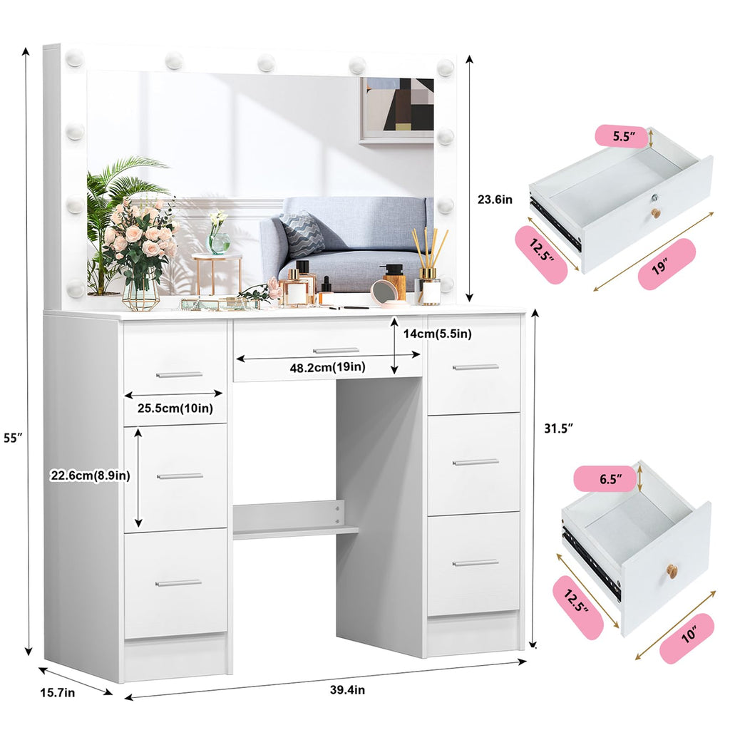 White 7 Drawer Vanity with Lights and Mirror V30819