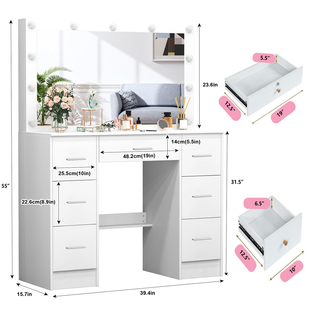 White 7 Drawer Vanity with Lights and Mirror V30819
