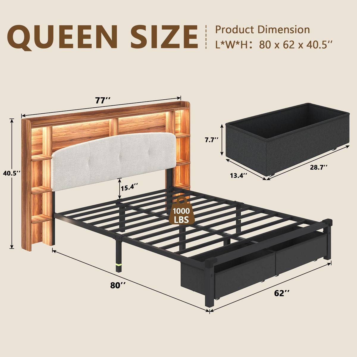 Queen Size Storage Bed Frame with Upholstered Headboard T360