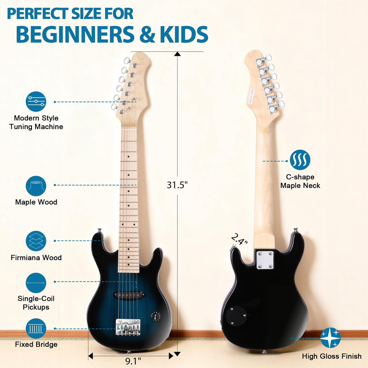 30" Blue Electric Guitar Beginner Kit with Amp and Bag A8365
