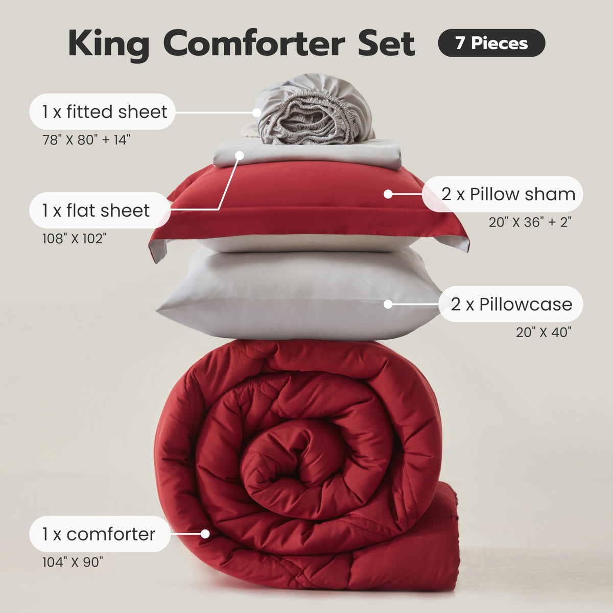 King Size 7 Pieces Red Bedding Set with Sheets W8625