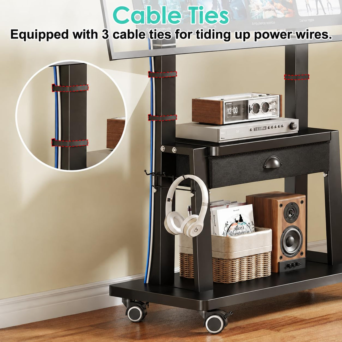 Rolling TV Stand with Power Outlet, Adjustable Height, for 23-60 inch Screens I703223