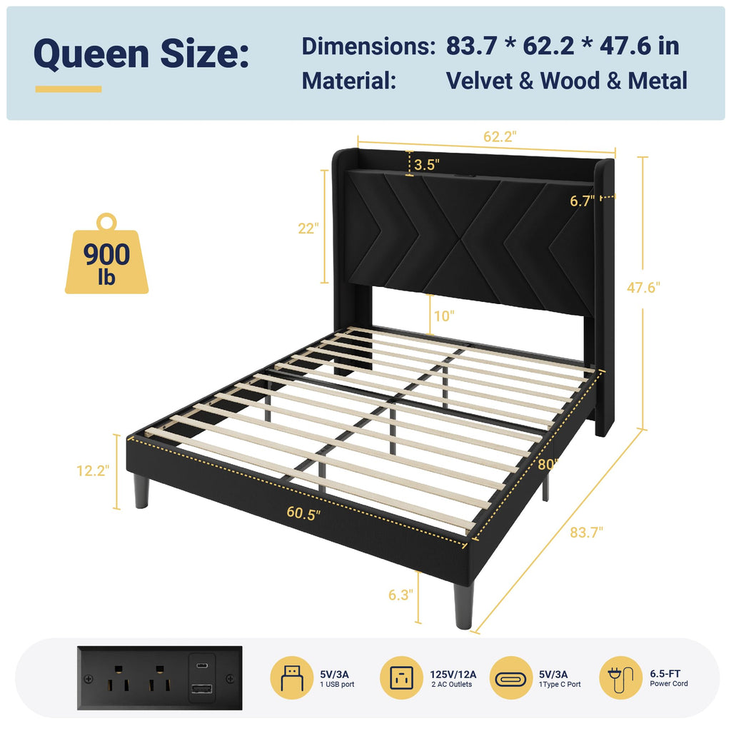 Queen Size Black Velvet Bed Frame with Charging and Shelf F1057