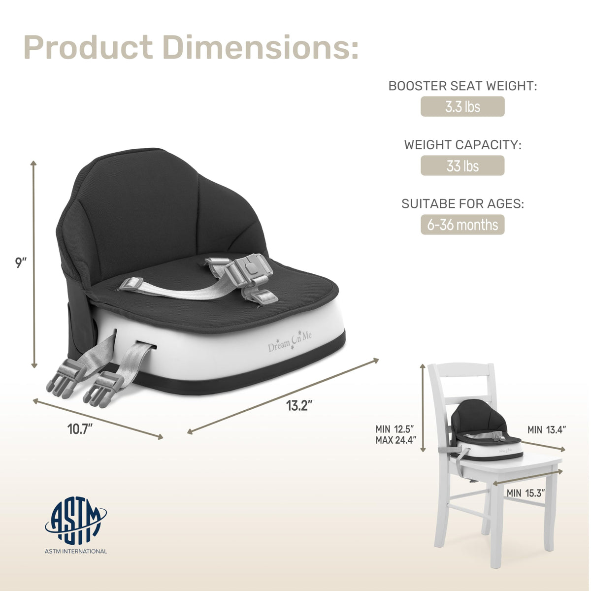 Portable Baby Booster Seat with 3-Point Harness & 2 Fixing Belts, Black I180915