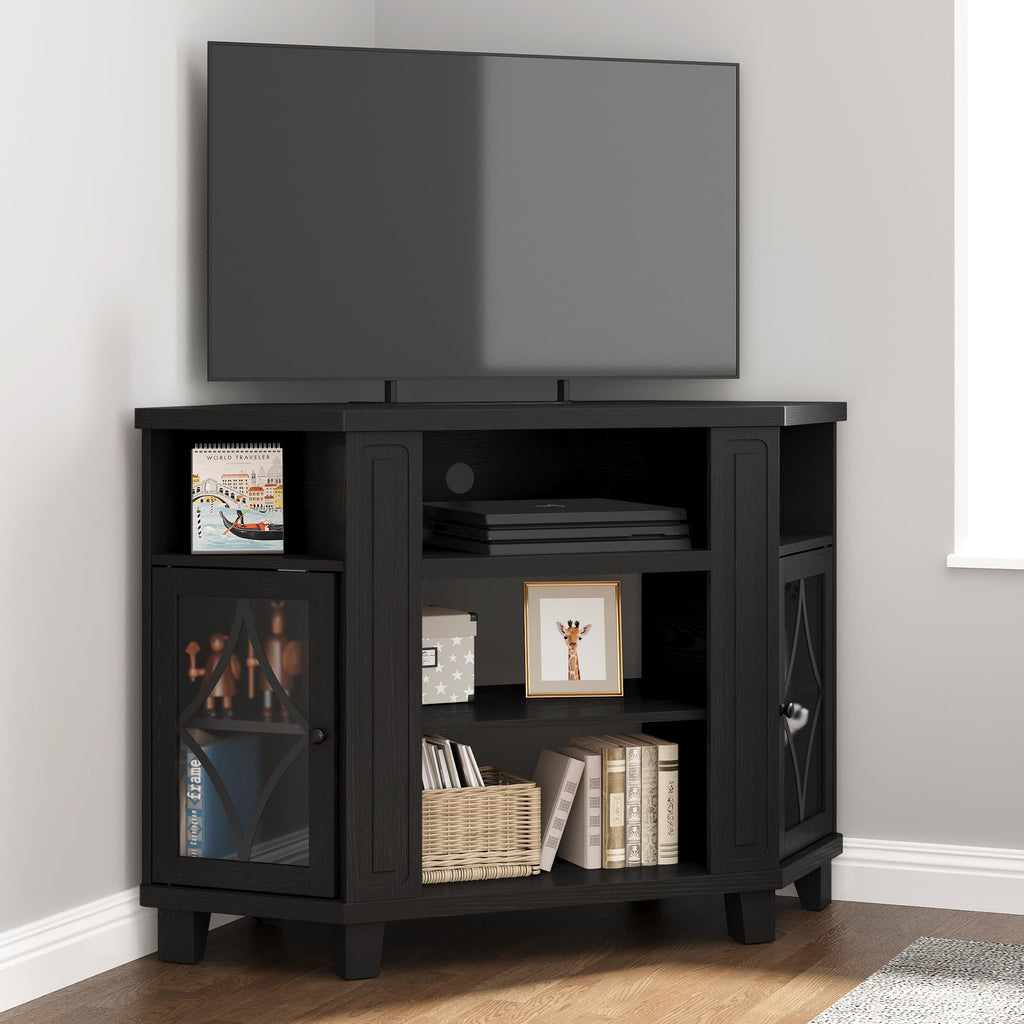 Corner TV Stand up to 55 Inch with Storage Wood Media Console Cabinet Satin Black T5784