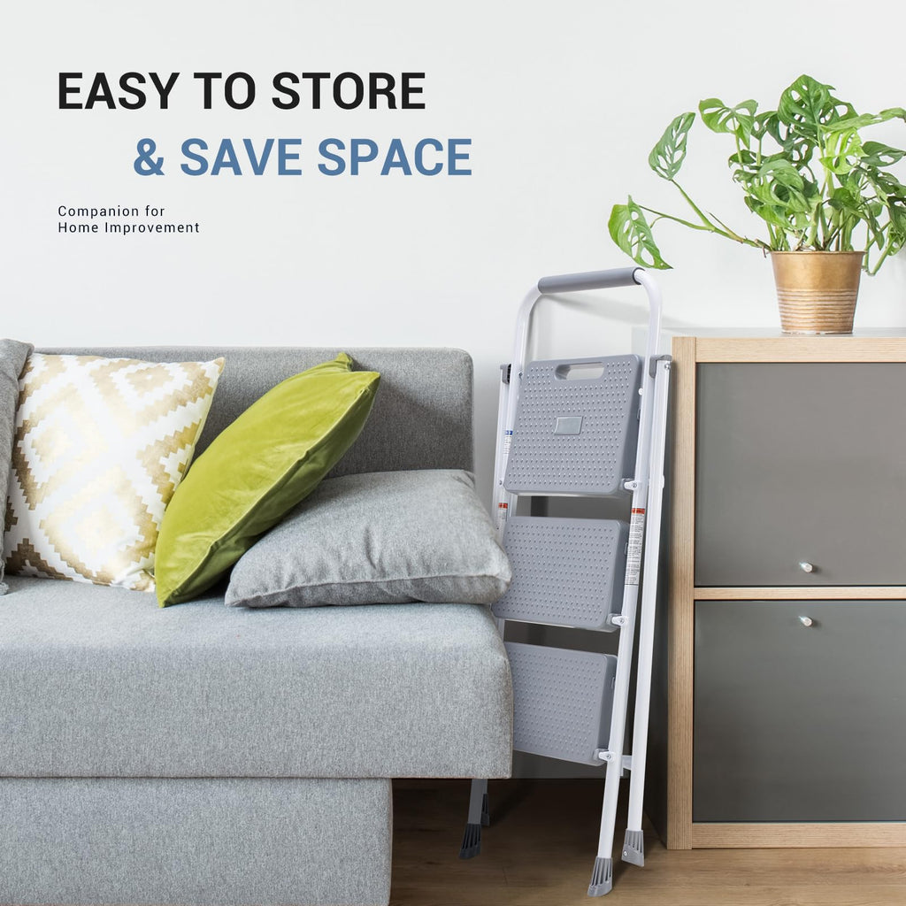 3 Step Ladder with Anti-Slip Pedal and Handrail, 800lbs, Grey I349938