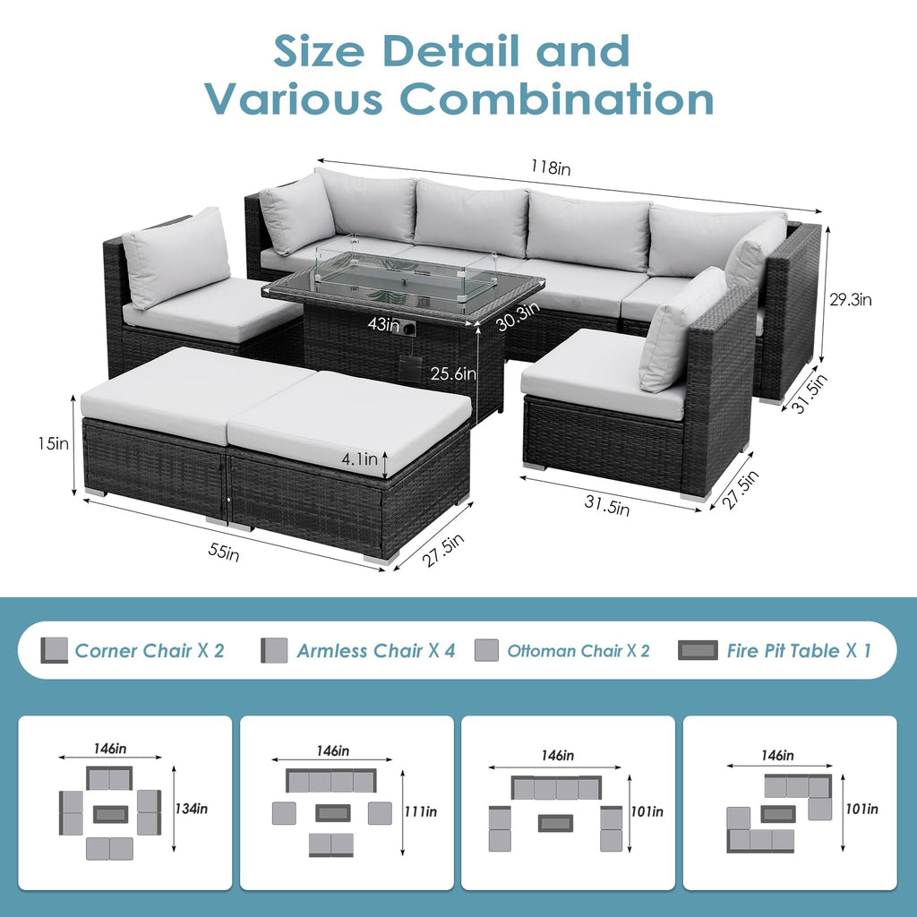 9 Piece Light Grey Patio Furniture Set with Fire Pit B17748