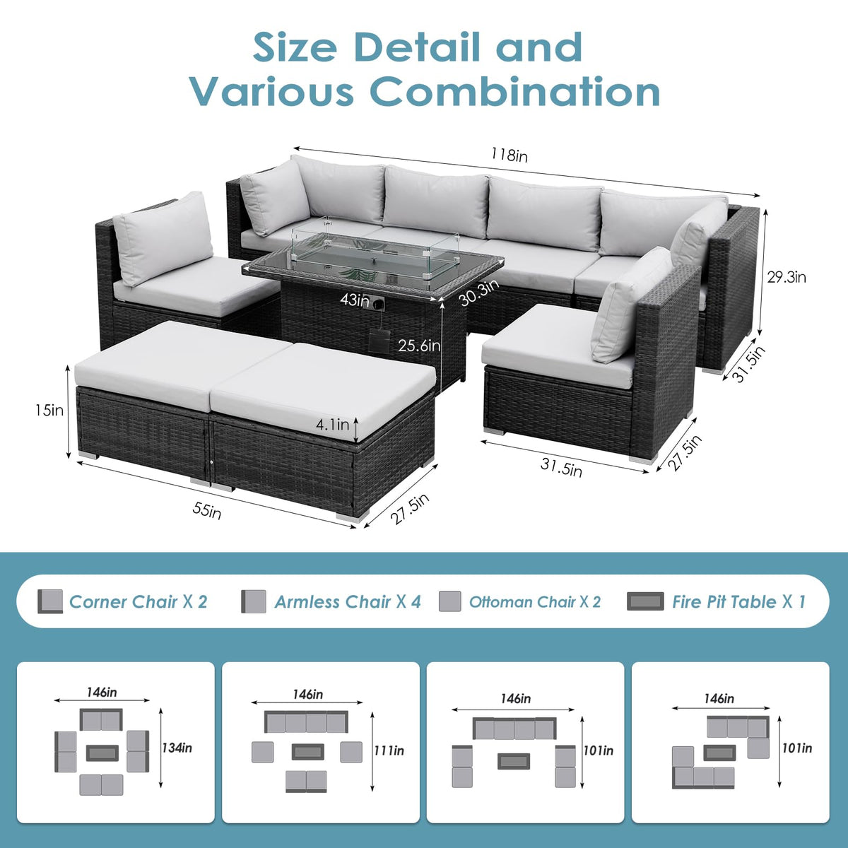 9 Piece Light Grey Patio Furniture Set with Fire Pit B17748