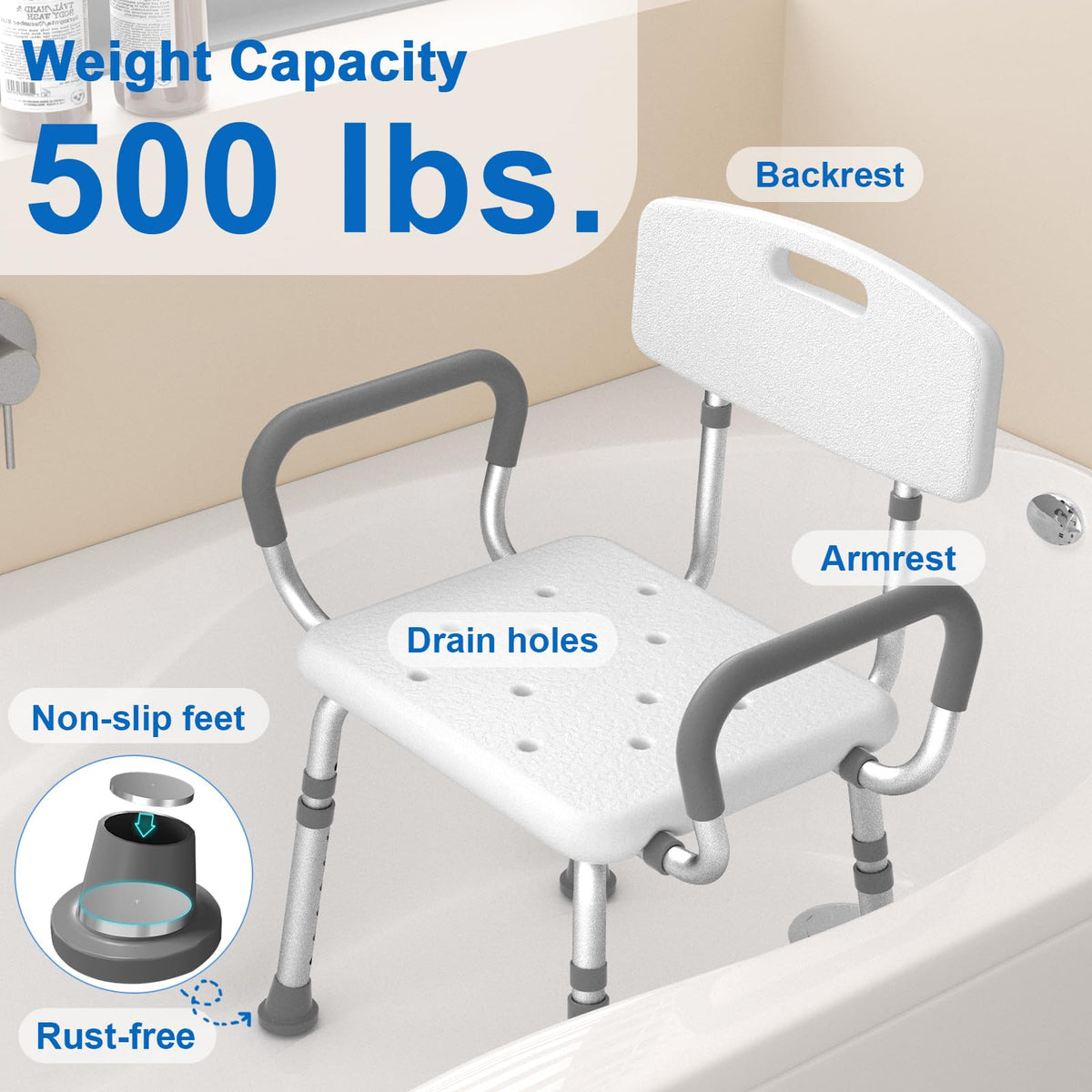 Heavy Duty Height Adjustable Shower Chair with Arms and Back B892