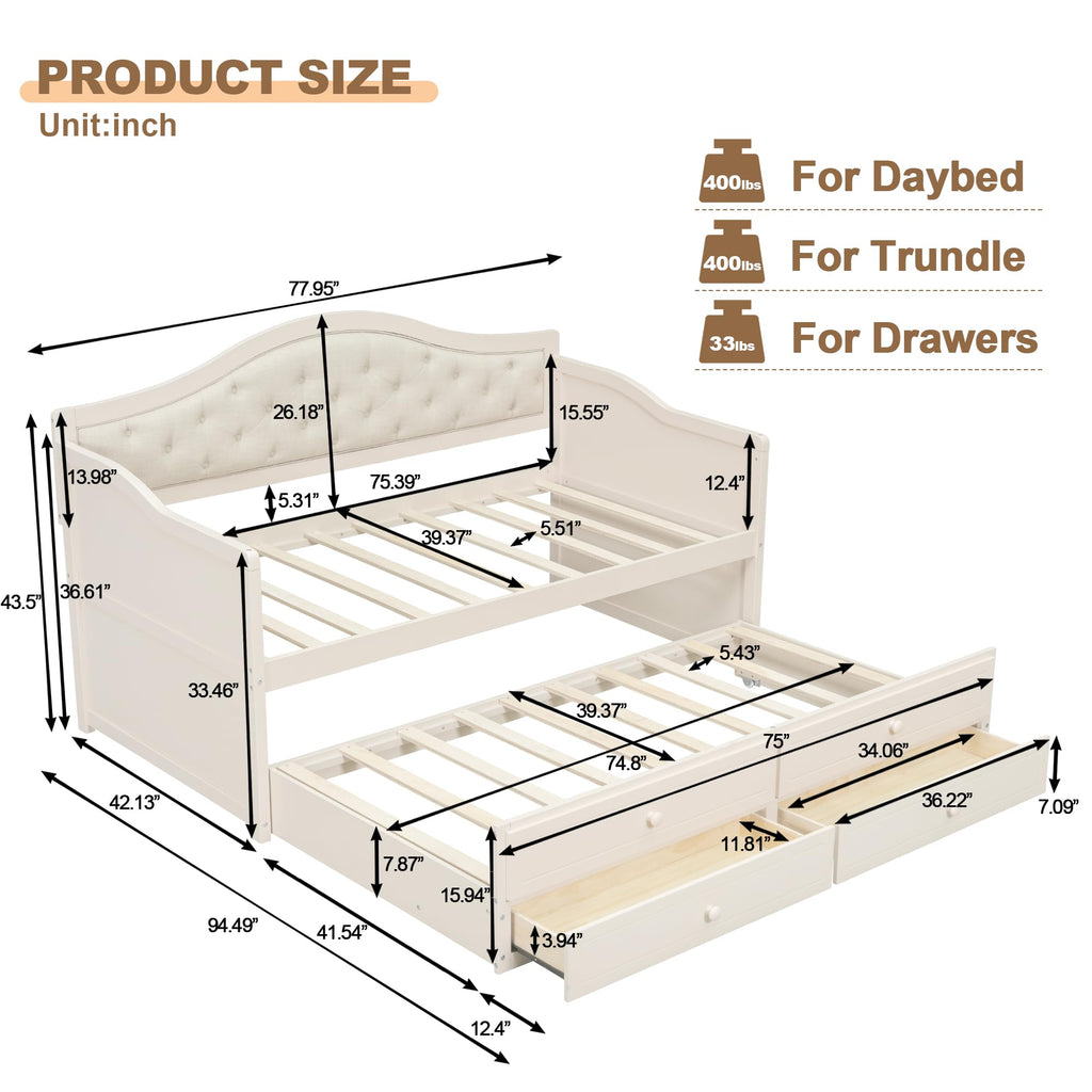 Beige Twin Size Wooden Daybed with Trundle and 2 Drawers S15396