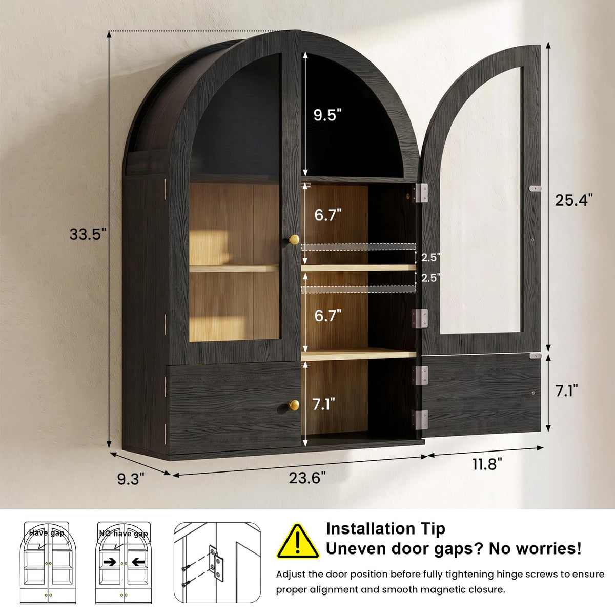 Black Arched Wall Mounted Cabinet with Glass Doors Y325379