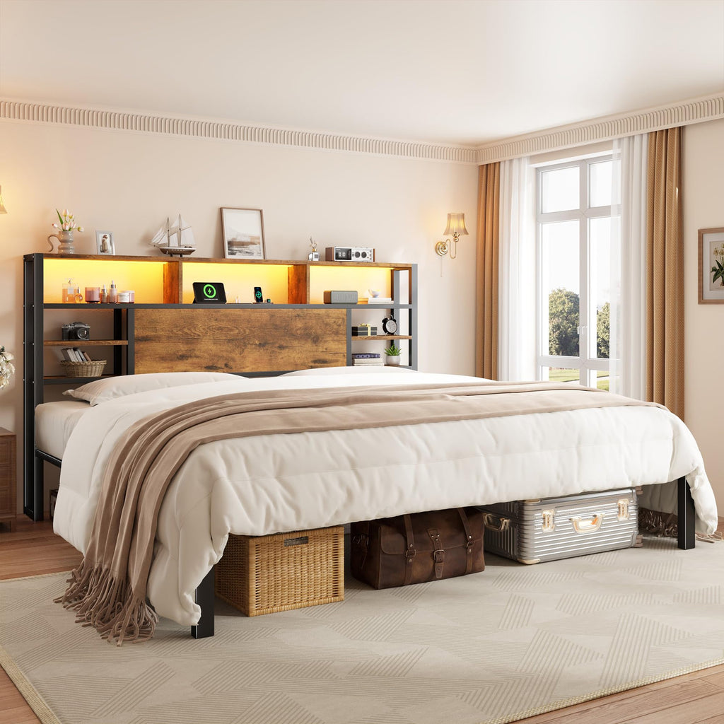 King Bed Frame with Storage Headboard and Charging Station S245527