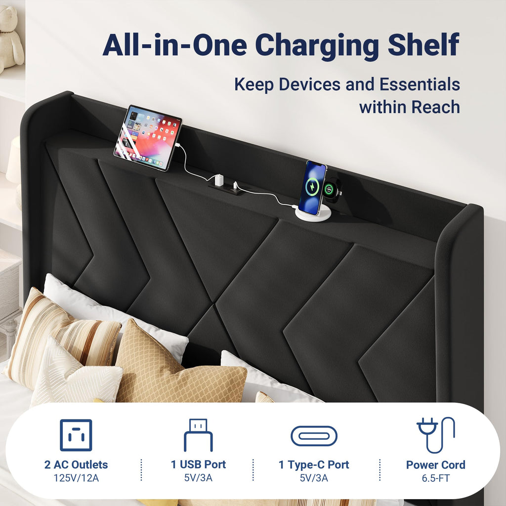 Queen Size Black Velvet Bed Frame with Charging and Shelf F1057