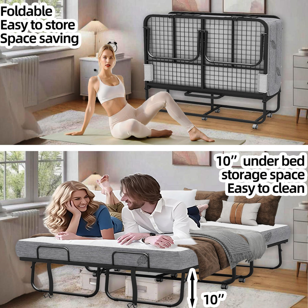 Folding Bed with Mattress Full Size 75 X 54 inch Memory Foam on Wheels H443