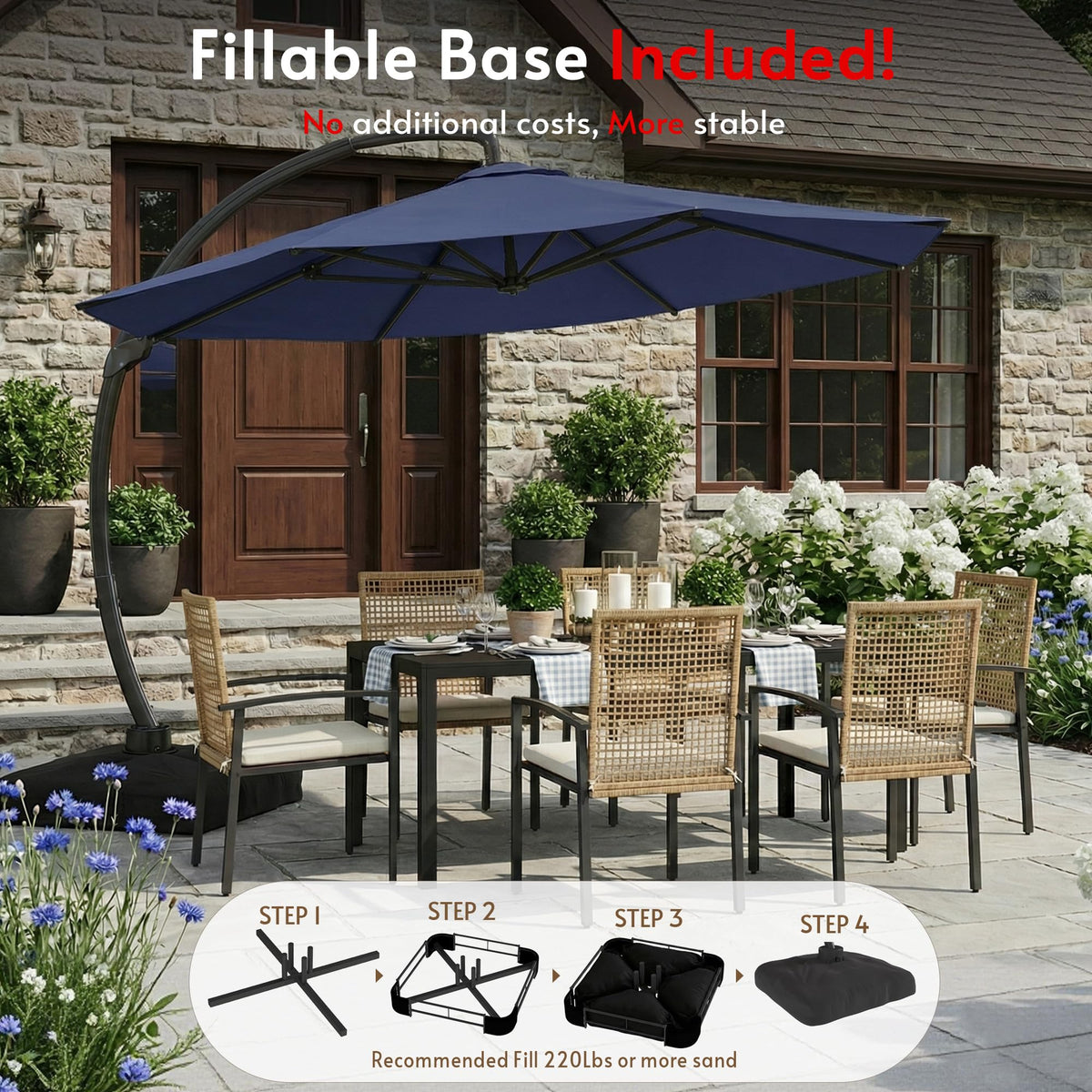 12FT Navy Blue Cantilever Patio Umbrella with Base Y630