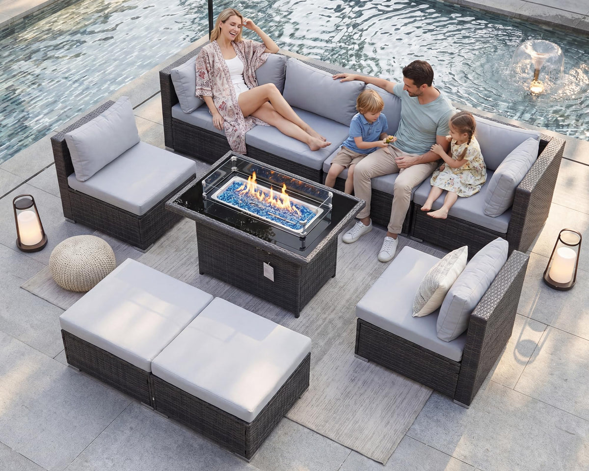 9 Piece Light Grey Patio Furniture Set with Fire Pit B17748