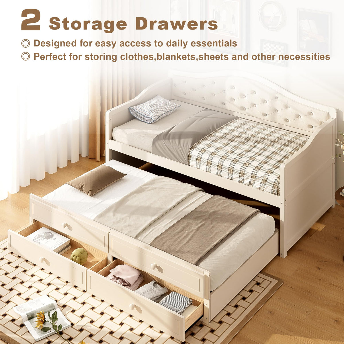 Beige Twin Size Wooden Daybed with Trundle and 2 Drawers S15396