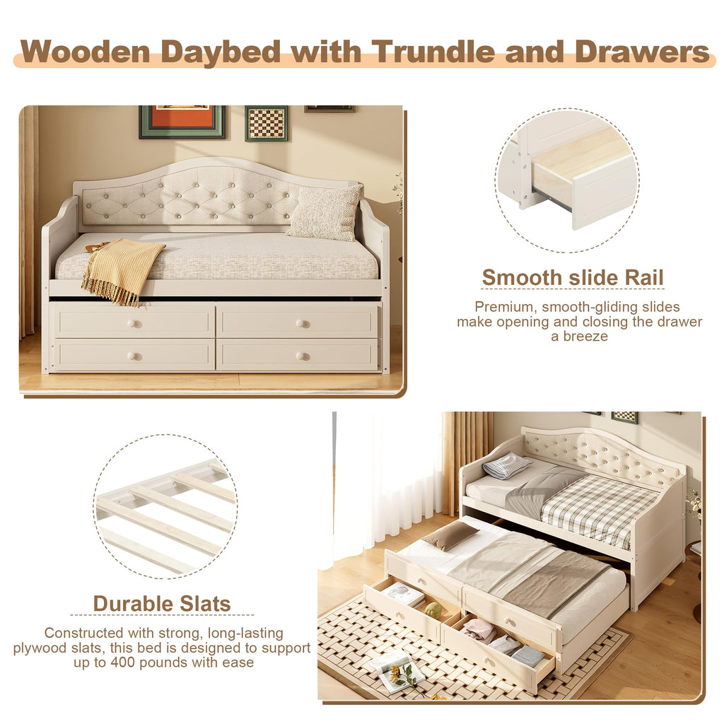 Beige Twin Size Wooden Daybed with Trundle and 2 Drawers S15396