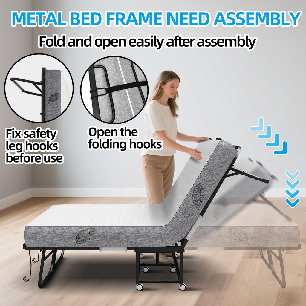 Folding Bed with Mattress Full Size 75 X 54 inch Memory Foam on Wheels H443