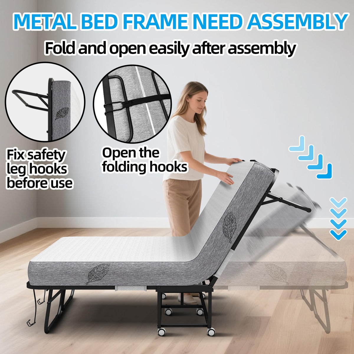 Folding Bed with Mattress Full Size 75 X 54 inch Memory Foam on Wheels H443