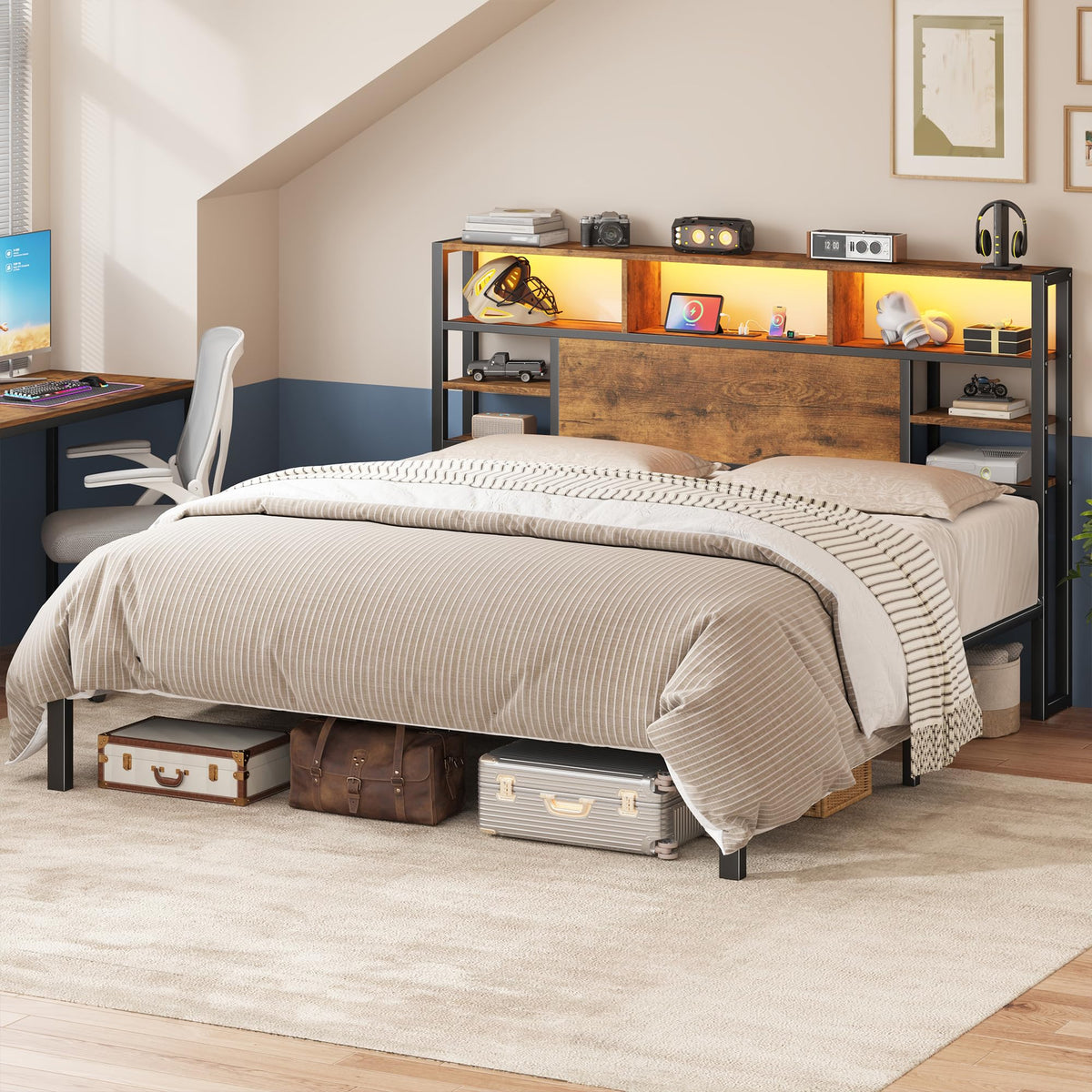 King Bed Frame with Storage Headboard and Charging Station S245527