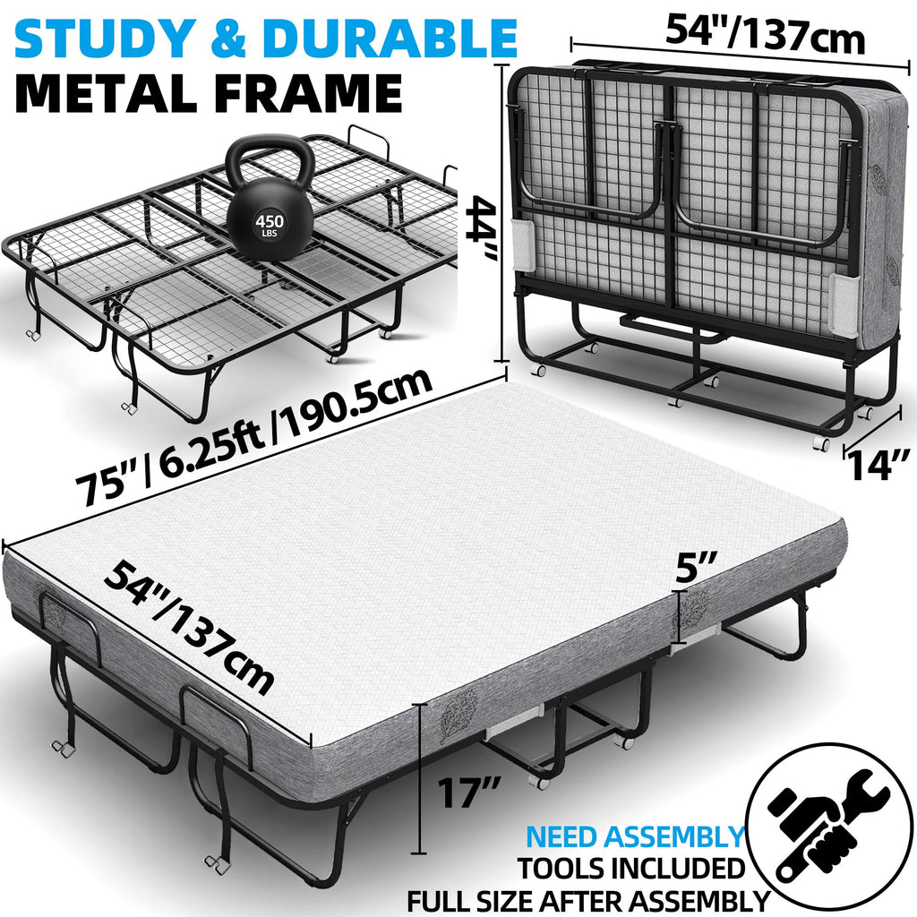 Folding Bed with Mattress Full Size 75 X 54 inch Memory Foam on Wheels H443