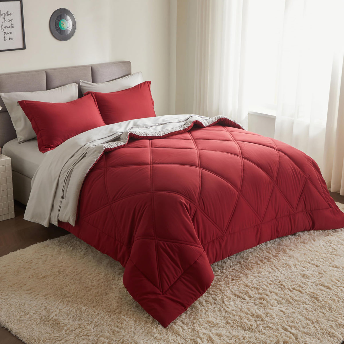 King Size 7 Pieces Red Bedding Set with Sheets W8625