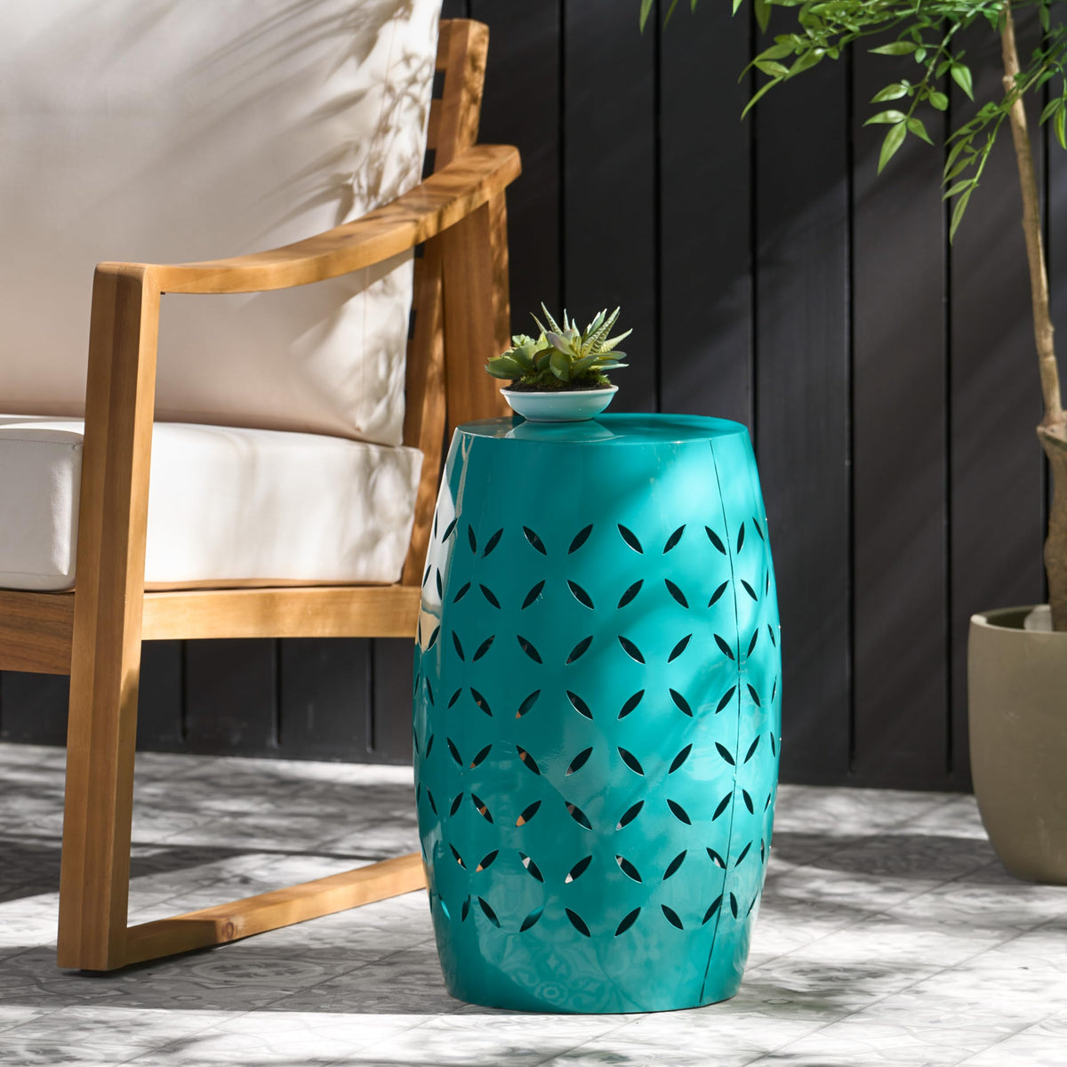 Teal Metal Garden Stool U3897