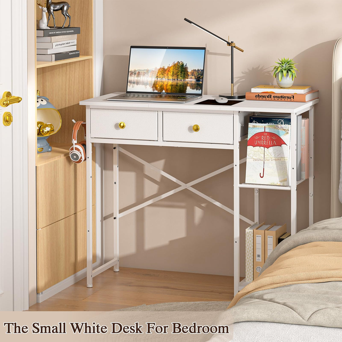 White 36 Inch Computer Desk with Drawers and Storage Shelves J2254