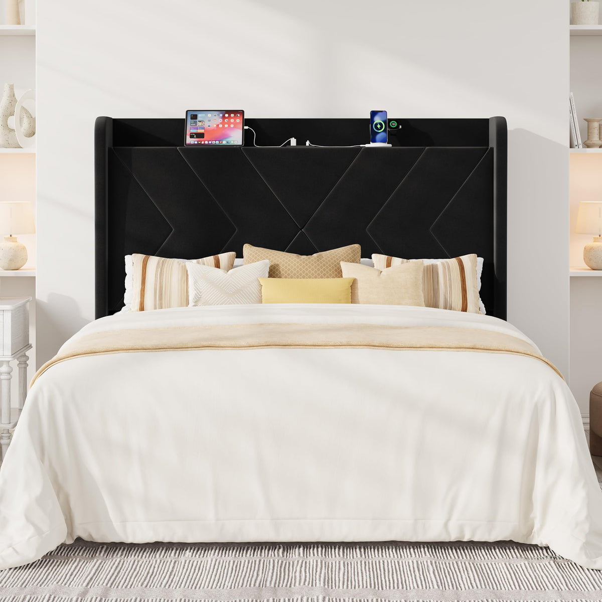 Queen Size Black Velvet Bed Frame with Charging and Shelf F1057